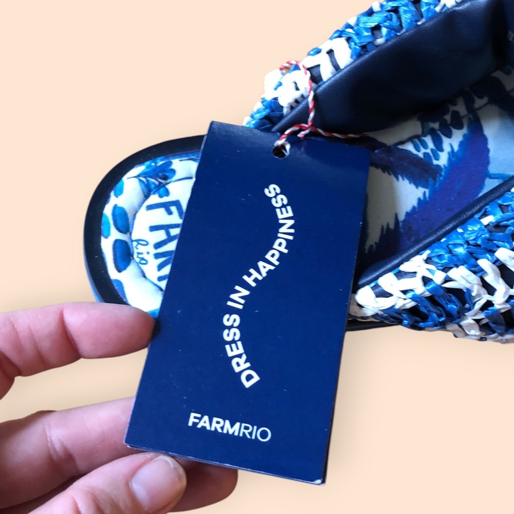 Farm Rio NEW Sweet Rio Raffia Puffy Flip Flop Blue White Vegan Summer Women US 6 - Picture 11 of 16